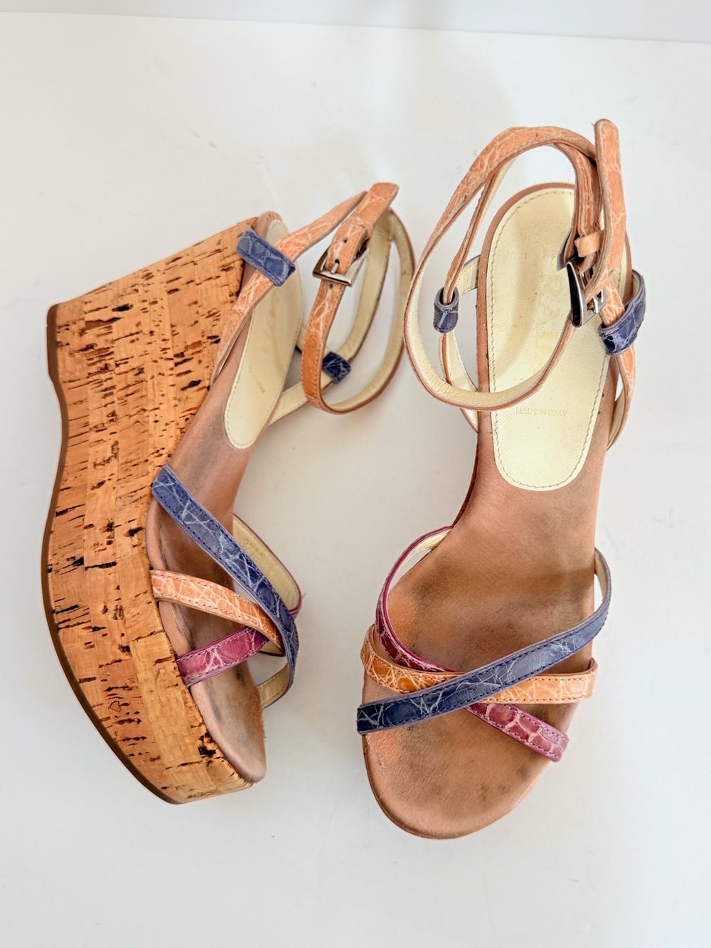 Prada Multicolor Croc Embossed Leather Cork Platform Wedge Sandals EU 36